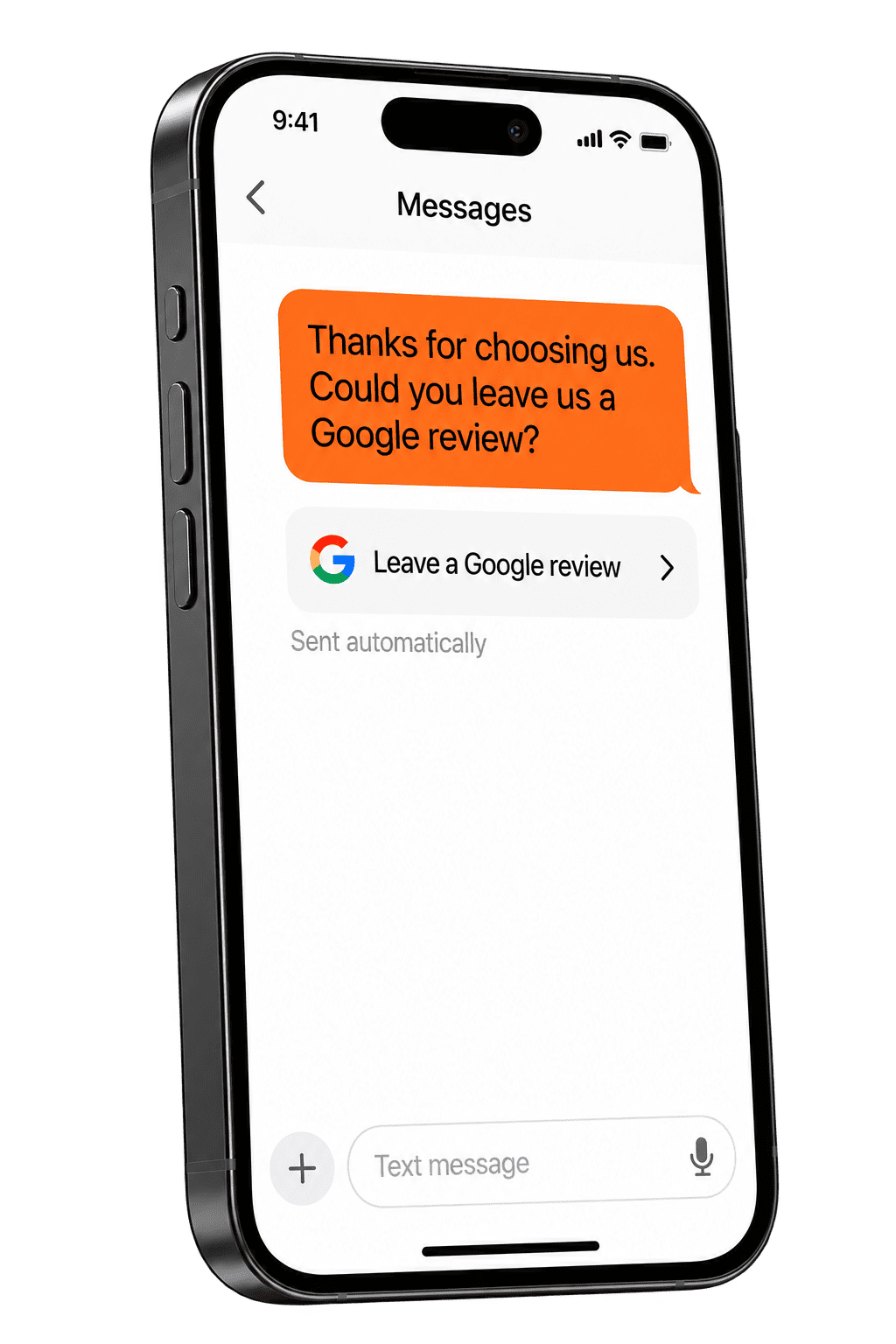 A graphite phone showing an automatic message: “Thanks for choosing us. Could you leave us a Google review?” with a Google review link.